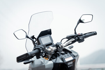 Part of a touring bike Driver's bike. Parking on the street during the day with good light. And there is space to copy space for text.