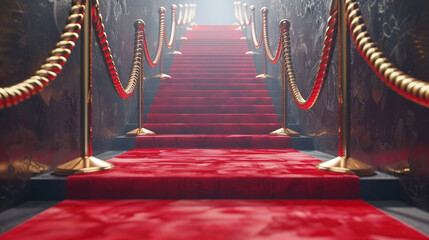 The pathway to glory on a red carpet ascending stairs enclosed by golden ropes reflecting the journey to success and fame - obrazy, fototapety, plakaty