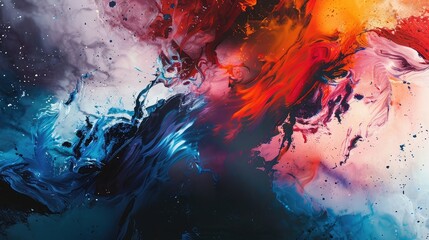 An abstract composition of swirling paint strokes and vibrant splashes of color, evoking a sense of...