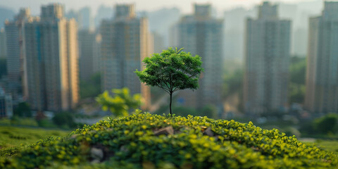 green tree growing on grass with city background, ecology concept. Green environment and eco friendly for sustainable development. copy space - obrazy, fototapety, plakaty