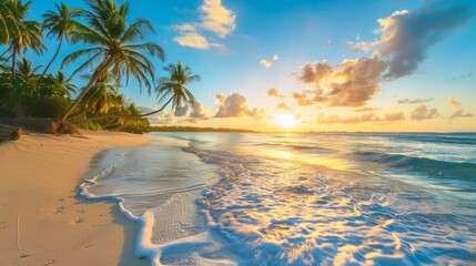 Landscape of paradise tropical island beach, sunrise shot  - obrazy, fototapety, plakaty