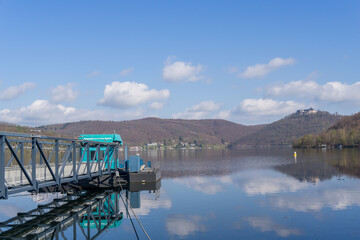 Landscape view from the dam wall at the lake Edersee in germany - obrazy, fototapety, plakaty