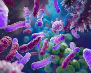 Naklejka premium Show the interplay between probiotics and other microorganisms in the gut microbiome, abstract , background