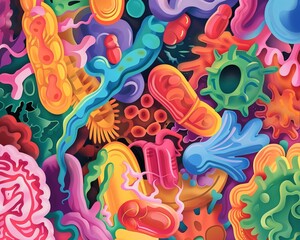 Surreal landscape featuring vibrant images of Lactobacillus bacteria , abstract , background