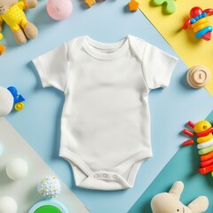 White cotton baby short sleeve bodysuit on a colorful kids room background, featuring a random toy assortment, ideal for a blank infant onesie mockup, top view.