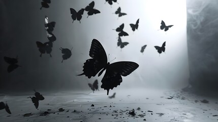 Ethereal Butterfly Silhouettes Fluttering in Moody Misty Landscape