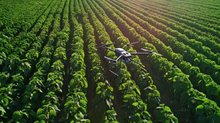 A dynamic shot of the farmer using a drone to monitor soybean crop health from above. 