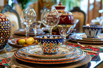 Fototapeta na wymiar A table is set with a variety of dishes and glasses, including a bowl, a wine glass, and a cup. The table is set for a meal, and the dishes are arranged in a way that is both aesthetically pleasing