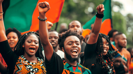 African Americans celebrating Juneteenth, fists raised high, with a backdrop of the Pan-African flag