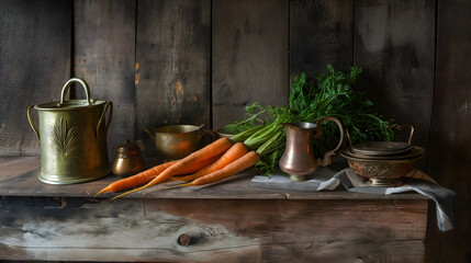 Vintage Still Life with Brass Kitchenware and Fresh Carrots