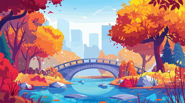 Bright vector image of summer autumn cartoon park 