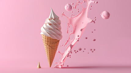 Levitating Pink Ice Cream Scoops with Cone on Pink Background