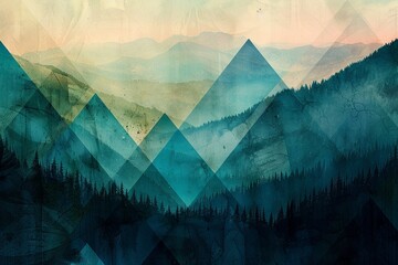 Abstract geometric forest in vibrant sage and turquoise, mountain silhouette in the background - obrazy, fototapety, plakaty