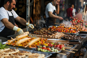 Obraz premium A man is cooking food on a grill. There are many different types of food, including vegetables and meat