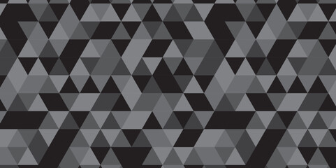 Abstract geometric black and gray background seamless mosaic and low polygon triangle texture wallpaper. Triangle shape retro wall grid pattern geometric ornament tile vector square element.