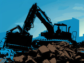 A silhouette of a bulldozer pushing rubble aside, Futuristic , Cyberpunk