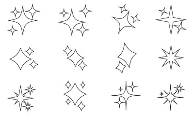 Minimalist twinkle star shape symbols. Shining star icons, abstract sparkle black silhouettes. Modern geometric elements, shining star icon set. Set of twinkling star vector on a white background. EPS