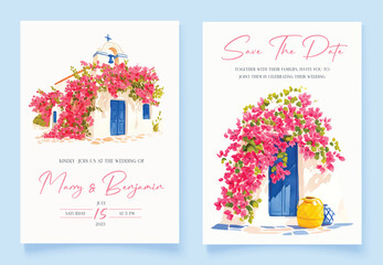 Naklejka premium Wedding invitation with hand drawn watercolor spring pink bougainvillea flower background