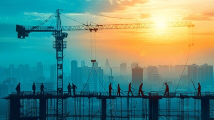 A crane and workers outlined against a city skyline, abstract  , background - obrazy, fototapety, plakaty