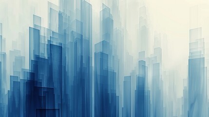 Abstract skyscrapers towering against a crisp white and blue gradient background, geometric patterns forming intricate tower silhouettes, emphasizing vertical lines and dynamic angles