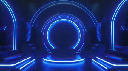 Blue neon circle and podium in the dark room