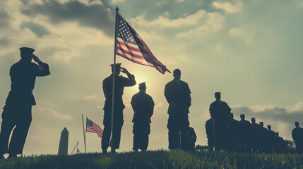 United States Military Personnel Saluting American Flag at Sunset