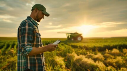 A dynamic shot of a farmer using a mobile device to analyze yield data and plan crop rotations.  - obrazy, fototapety, plakaty