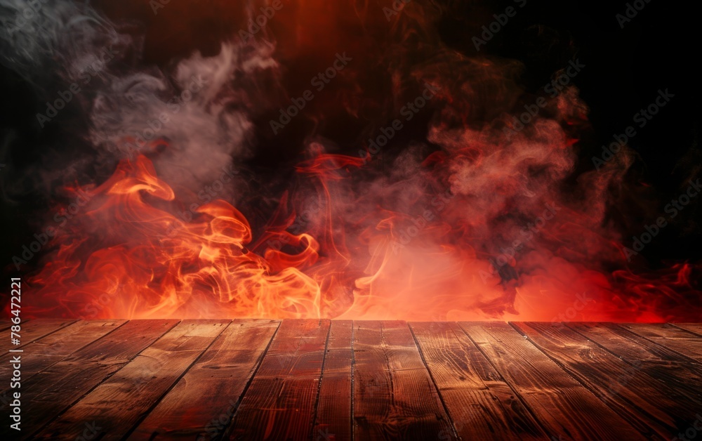 Aufkleber the background is a wooden table surrounded by flames, creating an atmosphere of fire and smoke gene