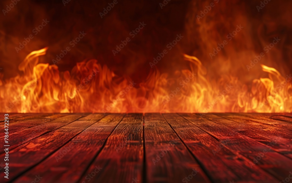 Poster the background is a dark red, with flames burning on the left and right sides of an empty wooden tab