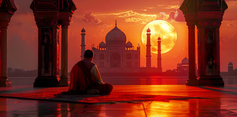 Young man reading the Quran in front of an ancient mosque at sunrise, with blue dome and white spires visible through the window. - obrazy, fototapety, plakaty
