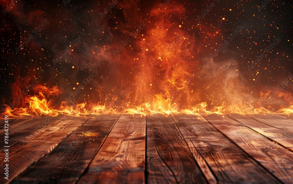 Poster a wooden table surrounded by flames, set against an abstract dark background with a red and orange c