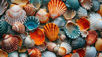 Mixed colorful sea shells as background - obrazy, fototapety, plakaty