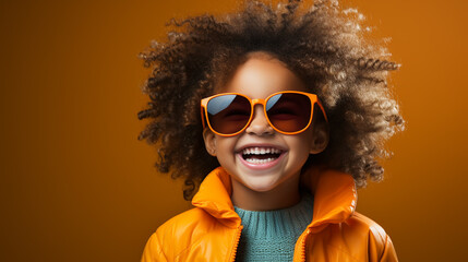 Portrait, studio and happy child pointing hand at space with a smile on face on yellow background. Young girl kid with happiness, carefree and positive attitude to show product placement mockup deal