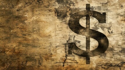 A grunge-style dollar symbol superimposed on an old, textured background, reflecting themes of wealth and decay. - obrazy, fototapety, plakaty