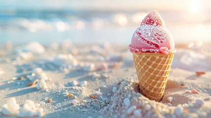 A strawberry ice cream cone in the sand on an exotic beach with space for text.