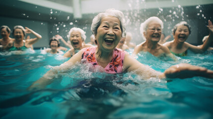 Happy healthy senior woman enjoying active lifestyle swimming in the pool - obrazy, fototapety, plakaty