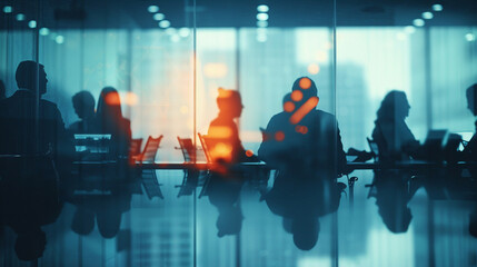 Unfocused silhouettes of office workers during a strategic meeting  encapsulated behind a glass wall  illustrating corporate anonymity