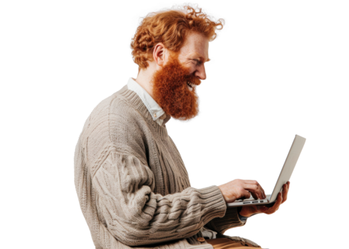 Redhead Man Using Laptop on Transparent Background