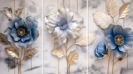 3-section wall painting prepared for room decoration and compositions, usable design for marble design. Examples of paintings for architectural interior design. Flowers pattern.