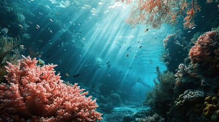 Naklejka na ściany i meble underwater coral reef seascape background with small coloful fish and transparent water