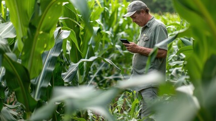 A farmer standing in a lush cornfield, using a smartphone to check crop growth and weather conditions. 
