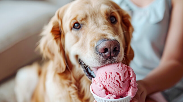 Closeup of a Golden Retriever dog eat pink ice cream in the style of a human hand, on a white background, in a real photo.
