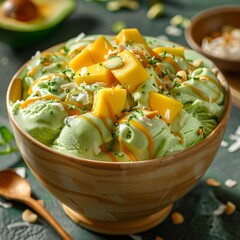 a vibrant vegan dessert bowl, featuring avocado lime ice cream topped with mango chunks, coconut shreds, and a drizzle of agave nectar