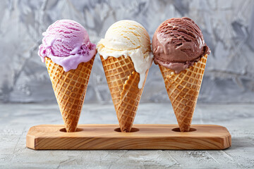 Dark grey wooden stand with ice cream cones of various colors and flavors on a light background, front view, close up. The ice cream cones are depicted in the style of different artists.