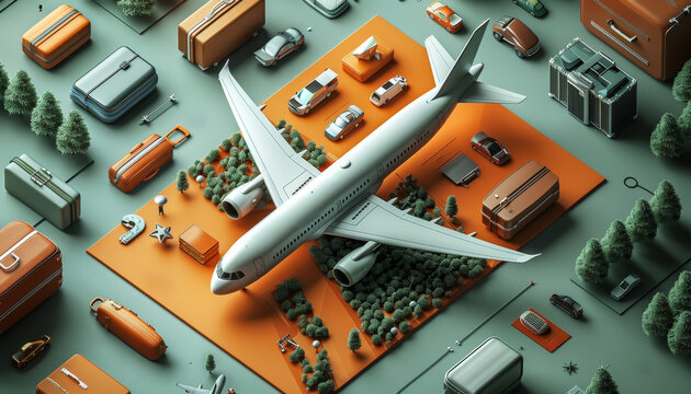 A white airplane is flying over a city with cars and buildings by AI generated image