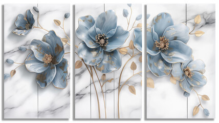 3-section wall painting prepared for room decoration and compositions, usable design for marble design. Examples of paintings for architectural interior design. Flowers pattern.