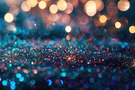 Abstract bokeh background with vibrant blue and purple glitter, dreamy and festive celebration texture
