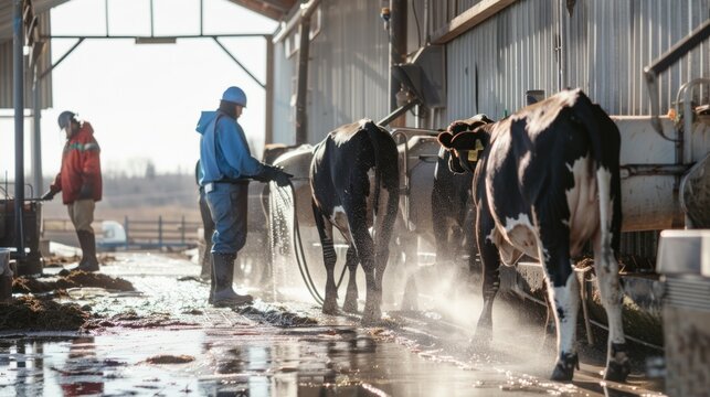 An outdoor scene of workers cleaning and sanitizing milking equipment after each milking session.