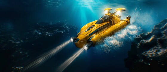 A highly advanced, yellow submersible craft with multiple propulsion systems effortlessly glides through the ocean depths, its powerful searchlights illuminating the vibrant marine environment. - obrazy, fototapety, plakaty