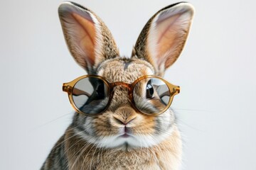 photo of a happy cute little rabbit wearing sunglasses against a white background
